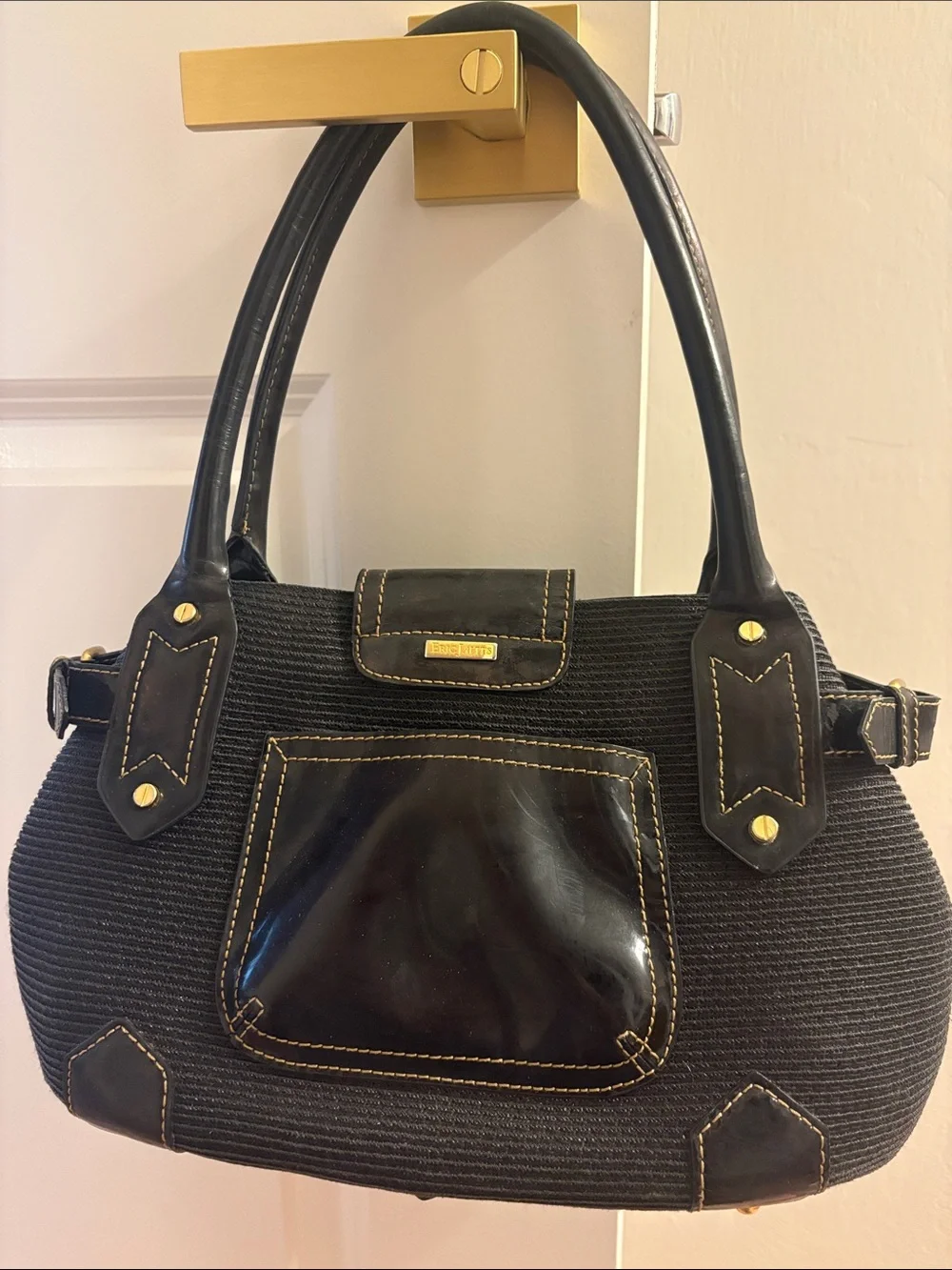 Eric Javits Straw Black Woven Handbag with Gold Hardware and Black Patent Lining